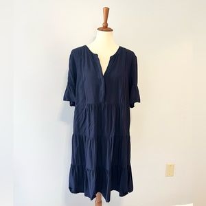 LOFT Navy Blue Tiered Button Down Midi Short Sleeve Dress